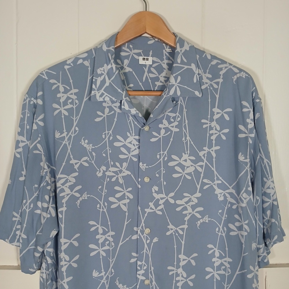 Uniqlo Rayon Open Collar Shirt Mens Large Blue Botanical Dragonfly 449467-22-01